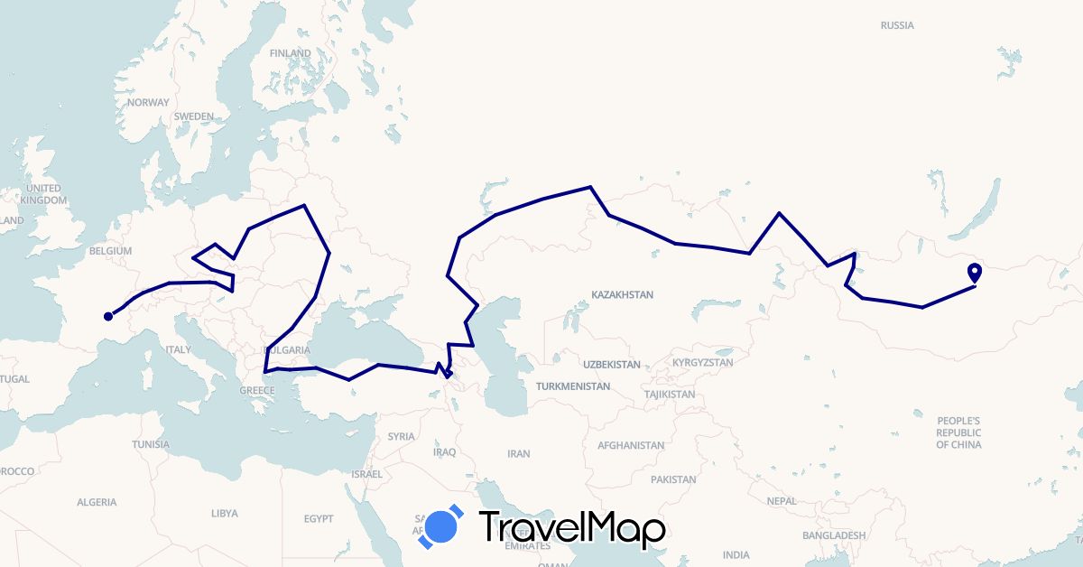 TravelMap itinerary: driving in Armenia, Austria, Bulgaria, Belarus, Switzerland, Czech Republic, Germany, France, Georgia, Greece, Hungary, Kazakhstan, Moldova, Mongolia, Poland, Romania, Russia, Slovakia, Turkey, Ukraine (Asia, Europe)